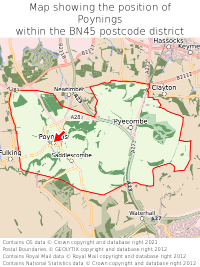 Map showing location of Poynings within BN45