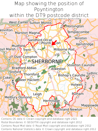 Map showing location of Poyntington within DT9