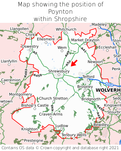 Map showing location of Poynton within Shropshire