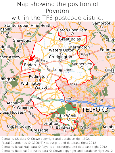 Map showing location of Poynton within TF6