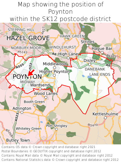 Map showing location of Poynton within SK12