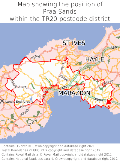 Map showing location of Praa Sands within TR20