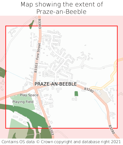 Map showing extent of Praze-an-Beeble as bounding box