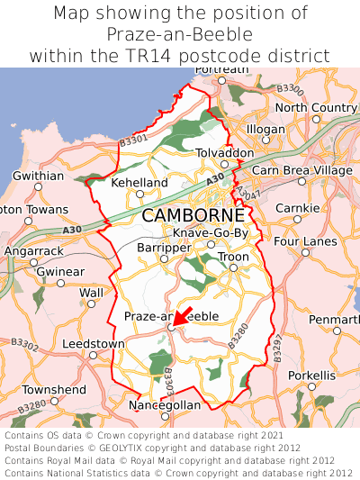 Map showing location of Praze-an-Beeble within TR14