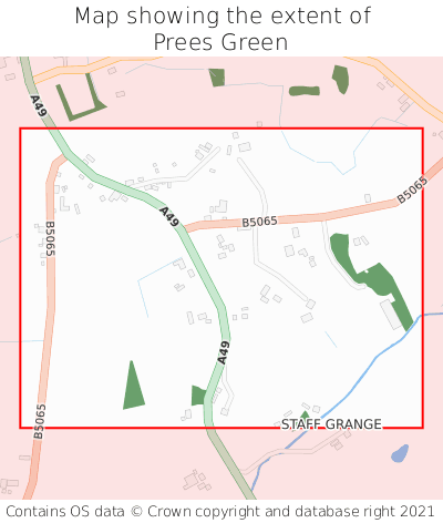 Map showing extent of Prees Green as bounding box