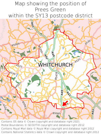 Map showing location of Prees Green within SY13