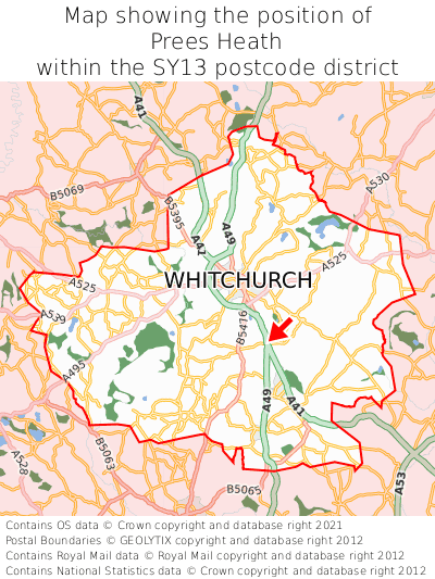 Map showing location of Prees Heath within SY13