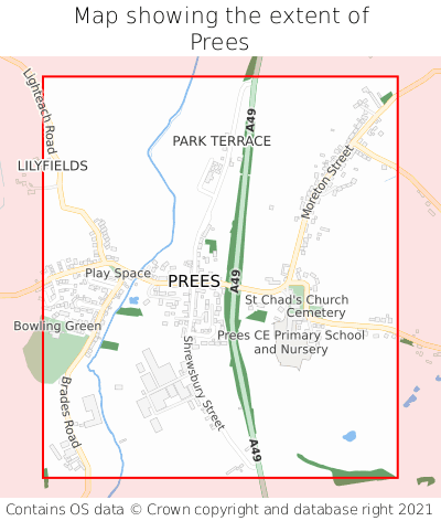 Map showing extent of Prees as bounding box