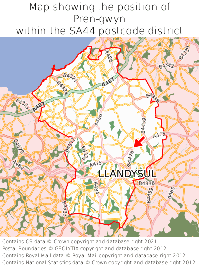 Map showing location of Pren-gwyn within SA44