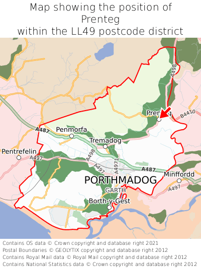 Map showing location of Prenteg within LL49