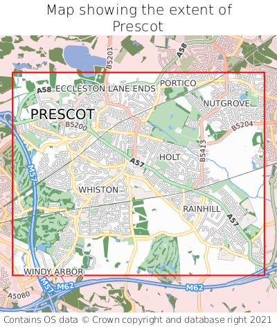 Map showing extent of Prescot as bounding box