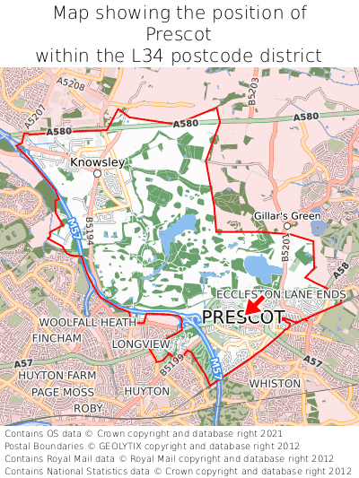 Map showing location of Prescot within L34