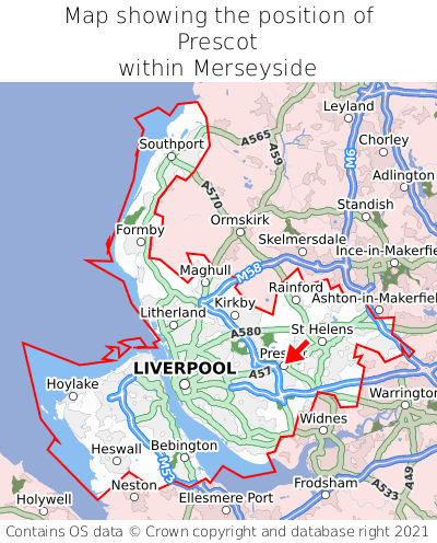 Map showing location of Prescot within Merseyside