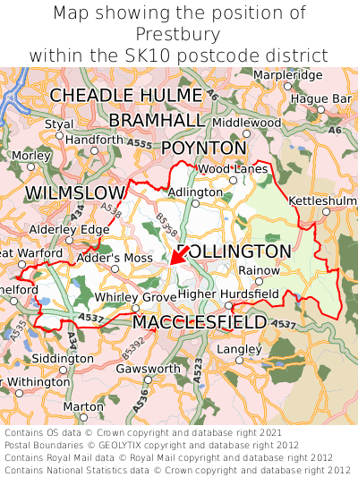 Map showing location of Prestbury within SK10