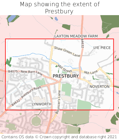 Map showing extent of Prestbury as bounding box