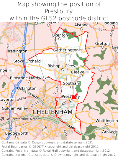 Map showing location of Prestbury within GL52