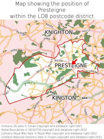 Map showing location of Presteigne within LD8