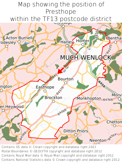 Map showing location of Presthope within TF13