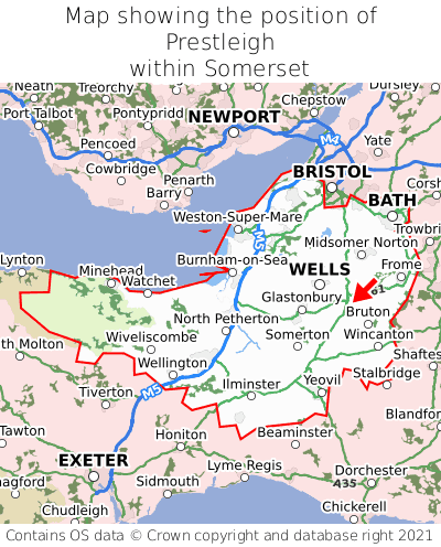Map showing location of Prestleigh within Somerset