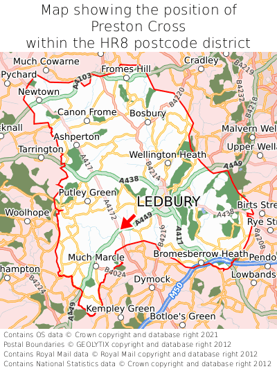 Map showing location of Preston Cross within HR8