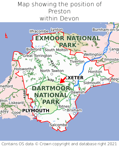 Map showing location of Preston within Devon