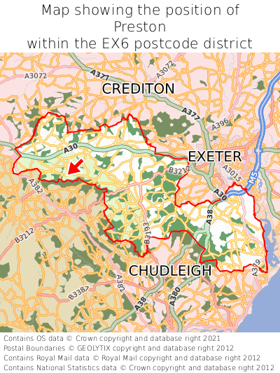 Map showing location of Preston within EX6
