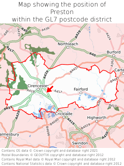 Map showing location of Preston within GL7