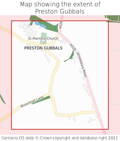 Map showing extent of Preston Gubbals as bounding box