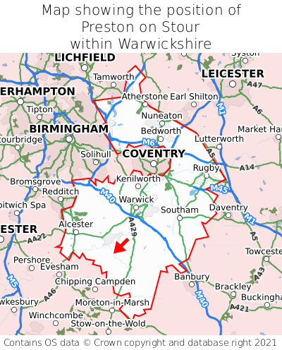 Map showing location of Preston on Stour within Warwickshire