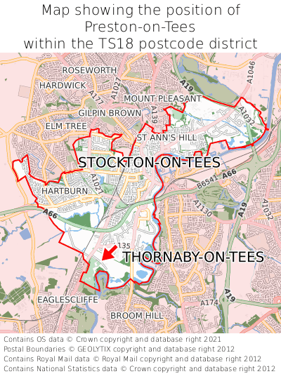 Map showing location of Preston-on-Tees within TS18