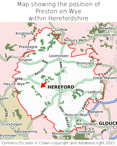 Map showing location of Preston on Wye within Herefordshire