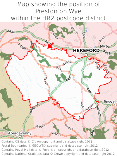Map showing location of Preston on Wye within HR2