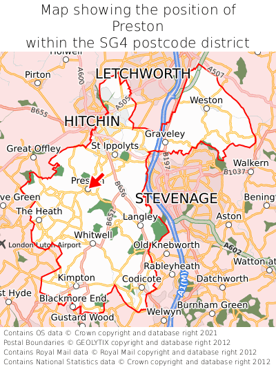 Map showing location of Preston within SG4