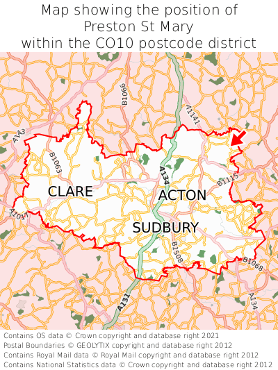 Map showing location of Preston St Mary within CO10