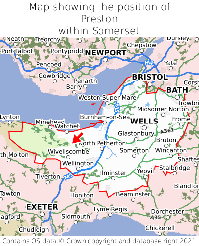 Map showing location of Preston within Somerset