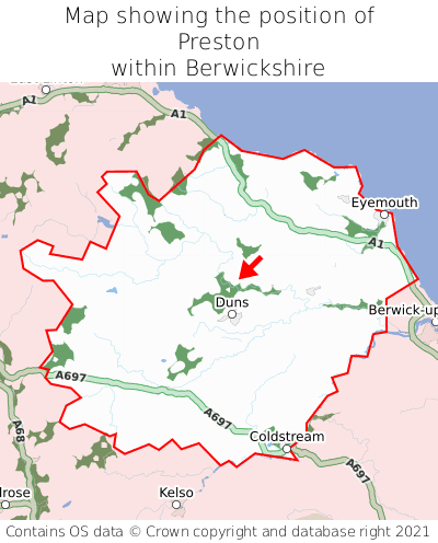 Map showing location of Preston within Berwickshire