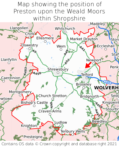 Map showing location of Preston upon the Weald Moors within Shropshire