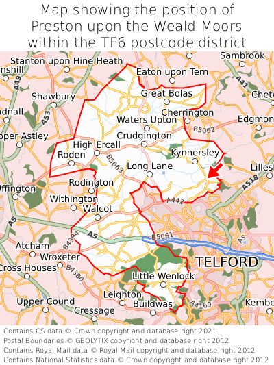 Map showing location of Preston upon the Weald Moors within TF6