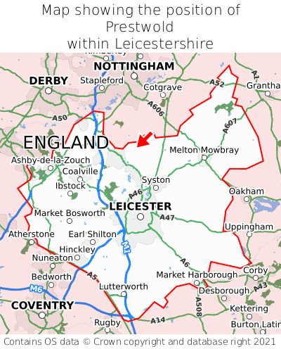 Map showing location of Prestwold within Leicestershire