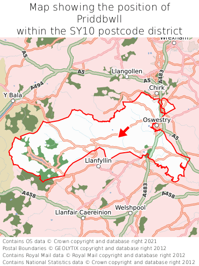 Map showing location of Priddbwll within SY10