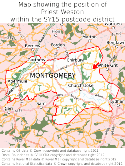 Map showing location of Priest Weston within SY15