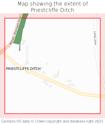 Map showing extent of Priestcliffe Ditch as bounding box