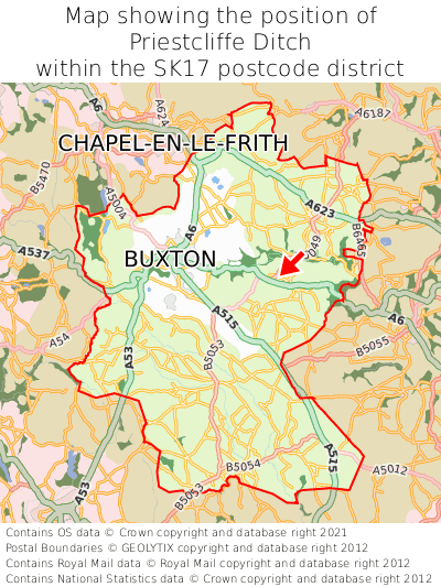Map showing location of Priestcliffe Ditch within SK17