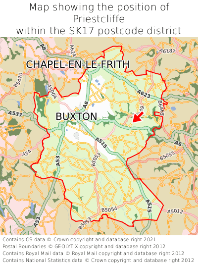 Map showing location of Priestcliffe within SK17