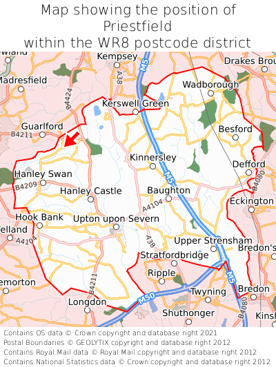 Map showing location of Priestfield within WR8