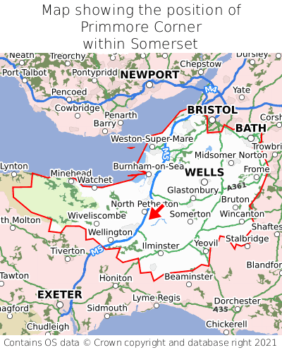 Map showing location of Primmore Corner within Somerset