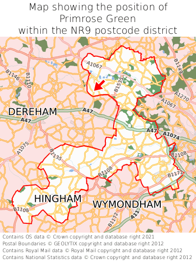 Map showing location of Primrose Green within NR9