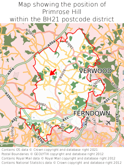 Map showing location of Primrose Hill within BH21