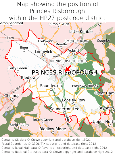 Map showing location of Princes Risborough within HP27