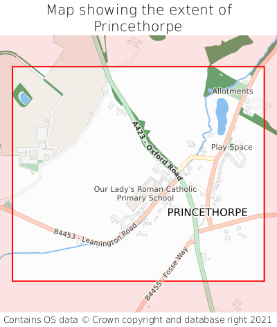 Map showing extent of Princethorpe as bounding box